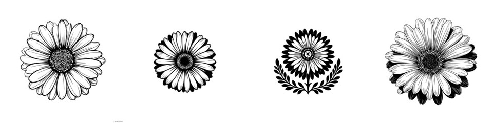 Black and white daisy floral line art with decorative elements, minimalist monochrome icons