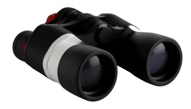 Minimalist black and white binoculars with red accent, visual clarity