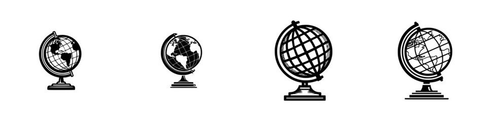 Stylized globes on stands representing Earth and geography, minimalist monochrome icons