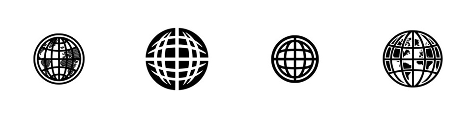 Abstract Globe Icons with Continents and Grid Lines, minimalist monochrome icons