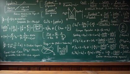 Klassenzimmer mit beschriebener Tafel voller mathematischer Formeln