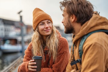 Obraz premium A young couple shares a moment by the water, wrapped in cozy sweaters and hats, while sipping coffee on a chilly afternoon. Their relaxed conversation reflects warmth despite the overcast sky