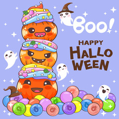 Cute Halloween themed characters, smiling ghosts, pumpkins with many faces.					