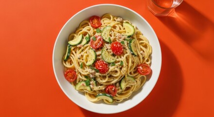 Vegetable Pasta Salad in White Bowl on Orange Surface Fresh Healthy Vegetarian Dish