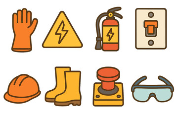 Electrical Safety Icons. Flat vector mini-illustrations electricity safety in colors children's illustrations: insulated gloves,