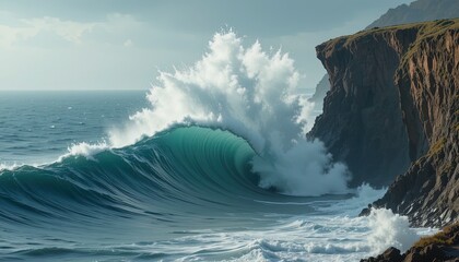 A powerful ocean wave crashes against a rugged coastline, showcasing the raw beauty and force of nature.