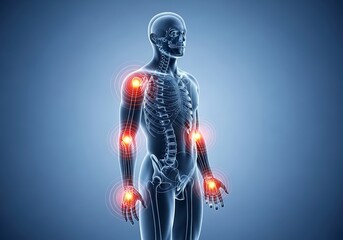 A three-quarter view of a human figure, highlighting skeletal structure with highlighted pain points in the upper limbs.