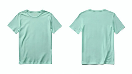 Plain light green T-shirt mockup, short sleeves, round neckline, front and back views, smooth fabric, minimalist apparel design on white background