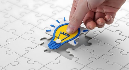 A hand places a puzzle piece with a lightbulb graphic, symbolizing a new idea or solution within a larger puzzle of white pieces.