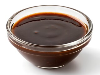 Dark brown hoisin sauce with thick glossy texture in transparent glass bowl, isolated on a white background