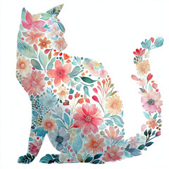 花模様で描かれた猫のシルエット