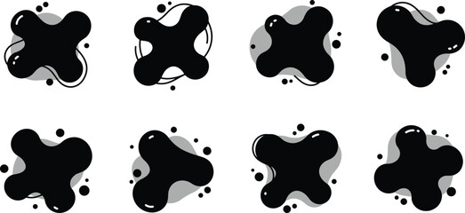 Vector set of abstract black wave and swirl brush shapes with grunge splash effect on white background