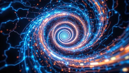 Fototapeta premium A dynamic spiral design, featuring vibrant blue and orange glowing lines, creates a captivating visual effect.