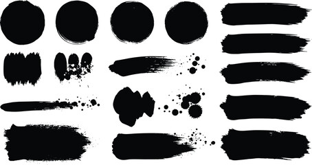 Vector set of black paint and ink brush strokes, splatters, and circles with grunge effects on white background
