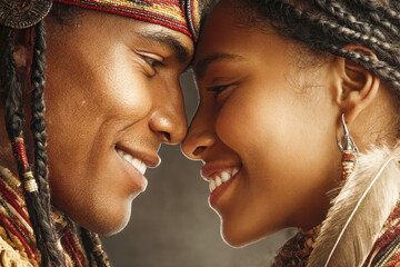 Obraz premium African American couple smiling and sharing a joyful moment with traditional attire and accessories