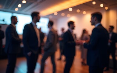 Blurry Background of Business Event with Professionals Networking in Modern Conference Hall with Warm Lighting and Social Interaction Atmosphere. High quality