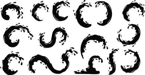 Vector set of abstract black wave and swirl brush shapes with grunge splash effect on white background
