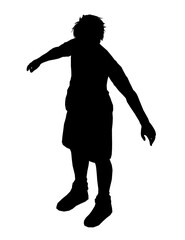 A young boy wearing headphones stands with arms outstretched in a black silhouette against a clean white background.