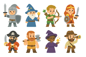 Legendary Heroes Icons. Flat vector mini-illustrations legendary heroes in colors children's illustrations: brave knight, wise