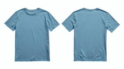 Plain blue T-shirt mockup, short sleeves, round neckline, front and back views, smooth fabric, minimalist apparel design on white background