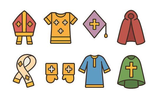 Liturgical and Pastoral Icons. Flat vector mini-illustrations Liturgical garments in colors children's illustrations: mitre,