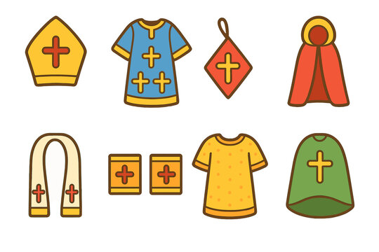 Liturgical and Pastoral Icons. Flat vector mini-illustrations Liturgical garments in colors children's illustrations: mitre,