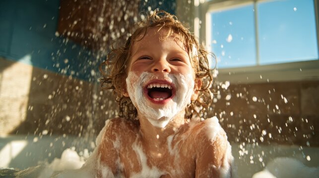 A child exuberantly enjoying a bubble bath, emphasizing the sheer joy and innocence of childhood in a bright, sunny bathroom filled with playful splashes of water.