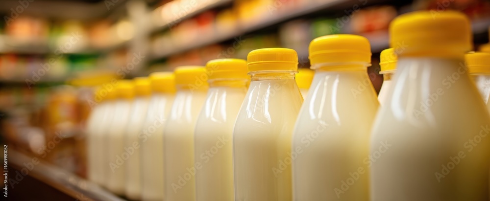 Poster the milk bottles lined up on a supermarket shelf with shallow depth of field