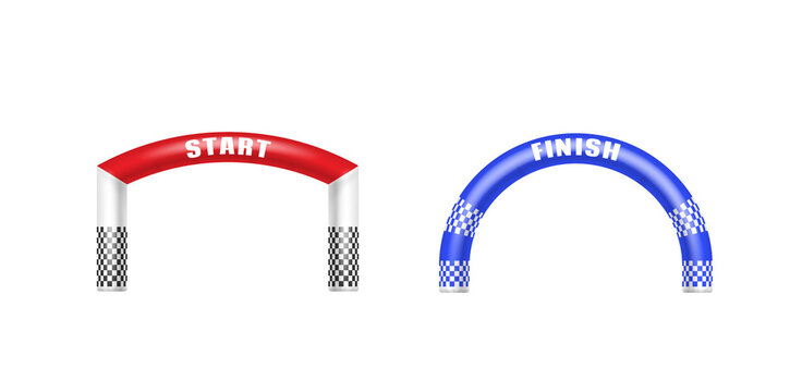 Start and Finish Arches: Isolated on a clean backdrop, two inflatable arches stand ready, one bearing the word START in red, the other proudly displaying FINISH in blue.