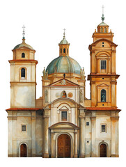 Fototapeta premium Watercolor Illustration Of An Italian Cathedral With Domes And Bell Towers: Historic European Architecture With Warm Tones And Artistic Style