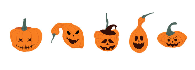 Collection of Halloween pumpkins with funny and scary jack-o-lantern faces hand drawn. Vector illustration for party invitations, fall decor, stickers, prints and seasonal designs