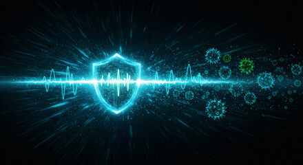 Futuristic glowing shield providing powerful defense and protection against viruses,bacteria, or digital cyber threats