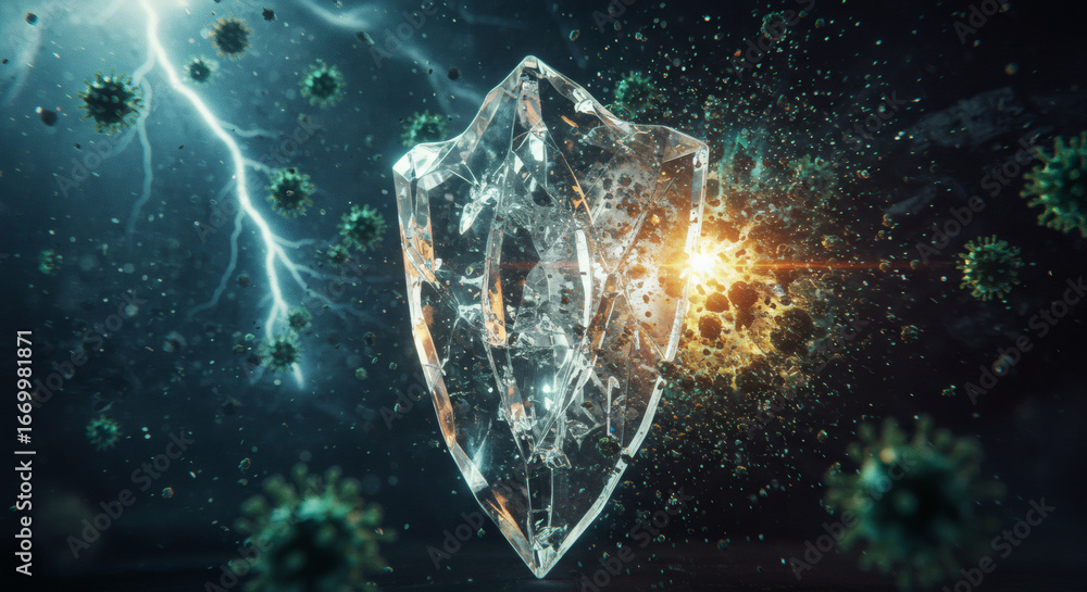 Poster conceptual depiction of immune system protecting against virus attack with shield and lightning