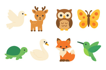 Naklejka premium Sacred Animal Icons. Flat vector mini-illustrations sacred animals in colors children's illustrations: white dove, deer, owl,