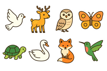 Fototapeta premium Sacred Animal Icons. Flat vector mini-illustrations sacred animals in colors children's illustrations: white dove, deer, owl,