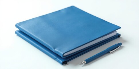 Elegant marine blue notebooks, open & closed, & pen Clean white background , journal, design, stationery