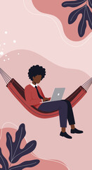 Relaxed professional works remotely from a comfortable hammock. Depicts modern work-life balance, digital nomad lifestyle, and flexible employment.