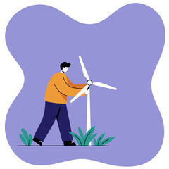 Man interacting with a wind turbine, symbolizing sustainable energy, environmental care, and green technology for a cleaner future.