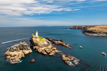 Godrevy Lighthouse from a drone, Godrevy Island, St Ives Bay, Cornwall, England	