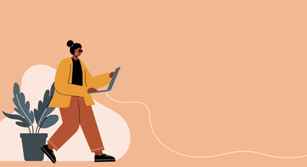 Dynamic illustration of a woman walking with a laptop, embodying modern remote work and digital connectivity in a flexible lifestyle.