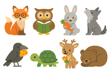 Fototapeta premium Talking Animal Icons. Flat vector mini-illustrations talking animals in colors children's illustrations: fox with glasses, owl