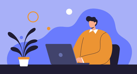 Man working efficiently on a laptop at a contemporary desk, representing remote work, online learning, and digital productivity for modern business.