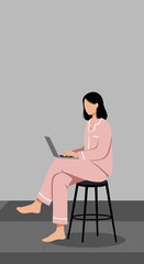 Woman in comfortable pajamas works from home on her laptop, embodying the modern remote work lifestyle. Ideal for themes of flexibility, productivity, and digital freedom.