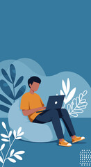 Young man using a laptop on a bean bag chair, illustrating remote work, flexible education, or leisure. Represents comfort, productivity, and modern lifestyle.