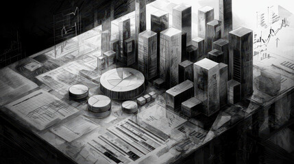 Monochromatic illustration of cityscape featuring abstract skyscrapers and geometric shapes, representing data and analytics