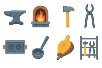 Fototapeta premium Workshop Tools Icons. Flat vector mini-illustrations cast iron workshop tools in colors children's illustrations: cast iron anvil,
