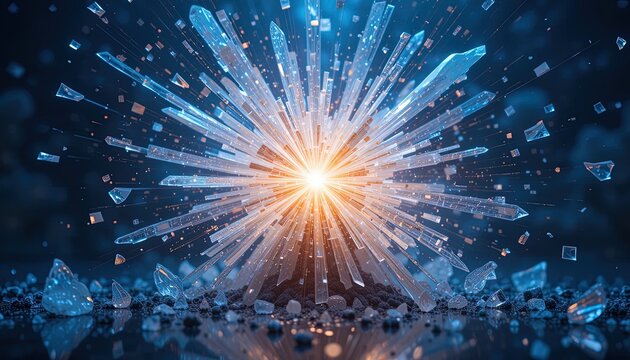 A dynamic explosion of crystalline fragments radiates outward from a central point, creating a visually striking abstract design.