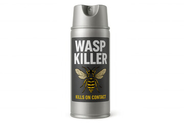 Metallic wasp killer spray can positioned vertically, showcasing warning label and sleek design against clean transparent backdrop