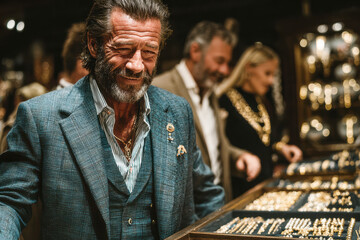 Obraz premium Stylish man with beard examining luxury jewelry in a sophisticated boutique setting