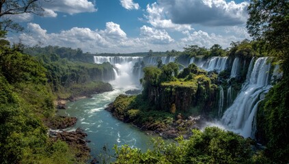 Fototapeta premium Majestic waterfall cascading over lush green cliffs under a bright cloudy sky